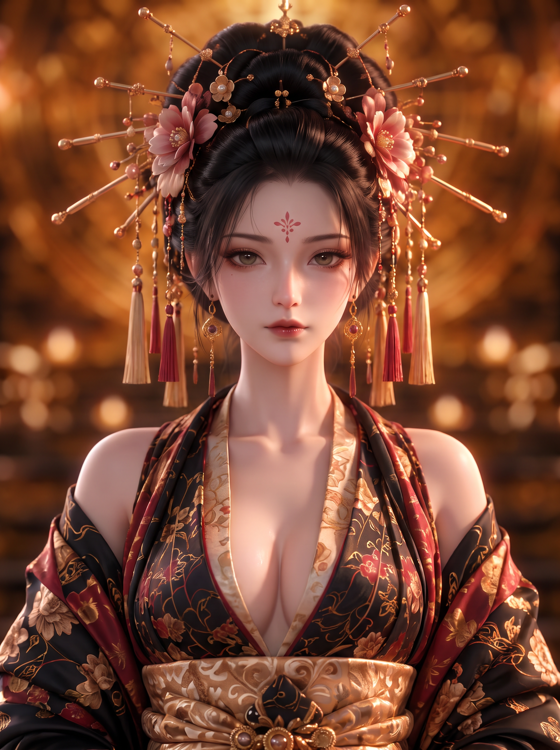 吉野太夫正面肖像，華麗金色髮飾與黑金酒紅服裝